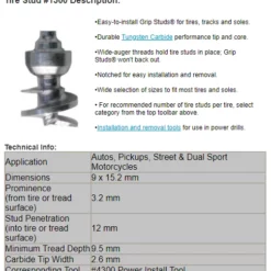 Grip Studs Grip Stud Tungsten Carbide Screw In Winter / Ice Traction Stud -ATV Store gst 1300 grip stud SPECS alpine powersports